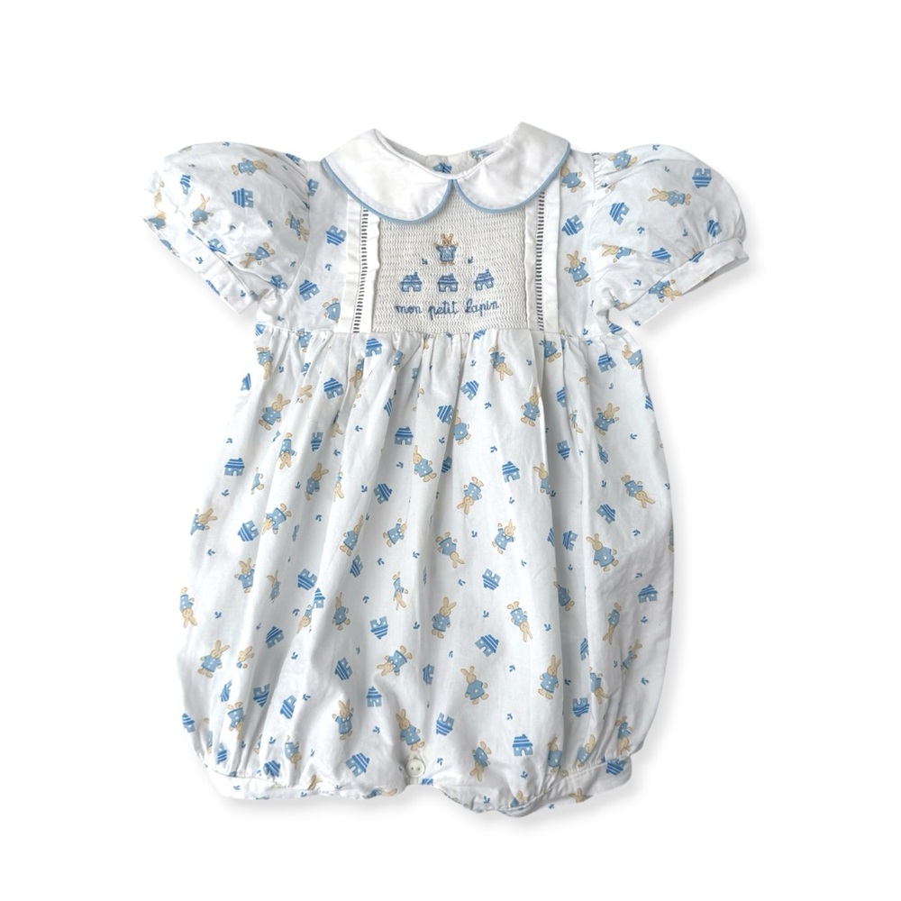 Jacadi Paris Smocked Baby Bubble Romper in White and Light Blue - Size 3m
